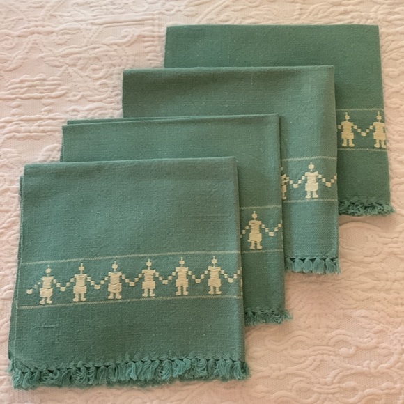 None Other - VINTAGE LUNCHEON NAPKINS SET OF (4) TEAL/WHITE:SELF KNOTTED FRINGE 12”x13”COTTON